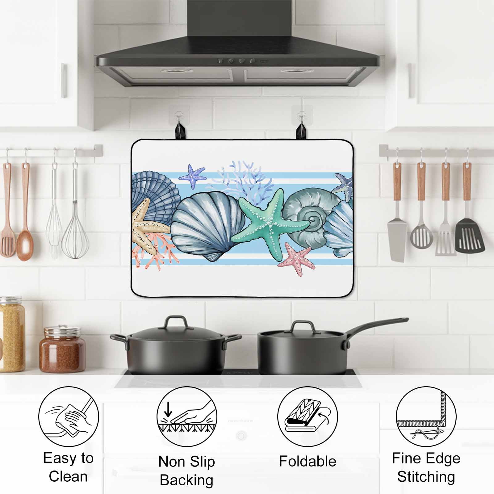 Blue Coastal Stove Top Cover for Electric Stove, Heat-proof & Non Slip Glass Top Stove Cover Protector, Beach Nautical Starfish Shell Coral Kitchen Flat Cooktop Rubber Mat 24x21 Inches