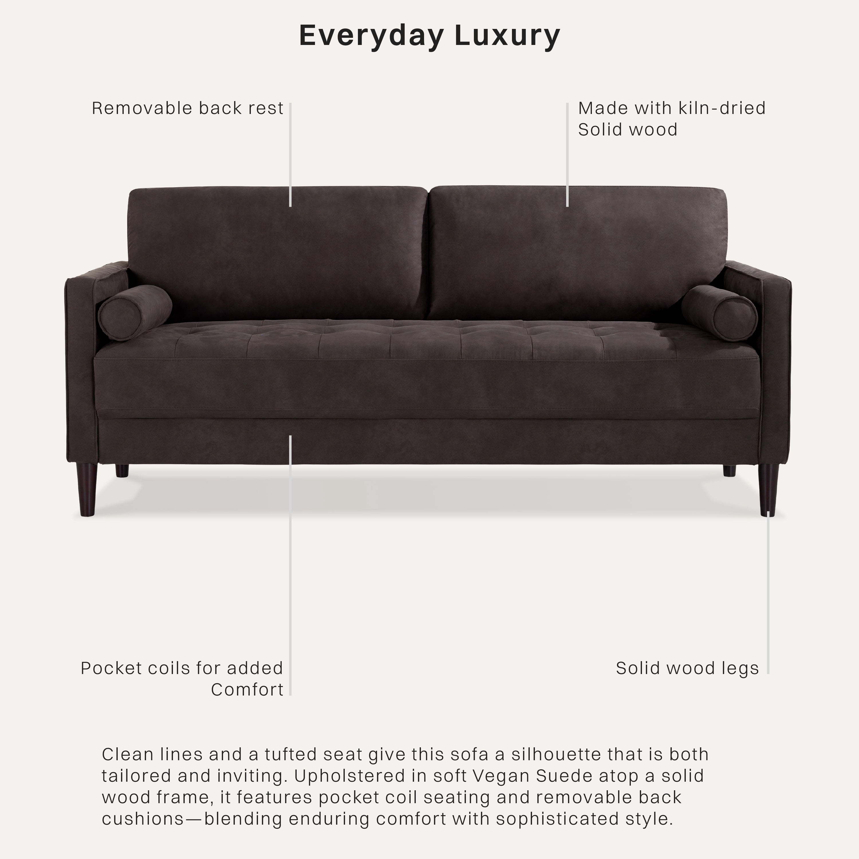 Studio Living Lorelei Mid-Century Modern Sofa, Charcoal Faux Leather