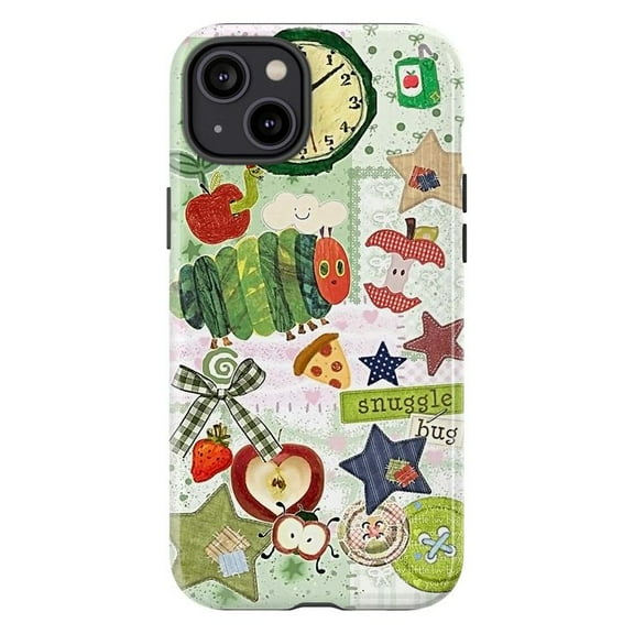 Kawaii Caterpillar & Apple Collage Phone Case, Clock & Star Patchwork Design for iPhone 11 12 13 14 15 16 17 Pro Plus