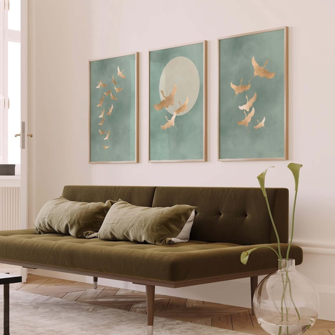 Set of 3 Prints Sage Green Cranes Wall Art Gold Birds Full Moon Poster Painting Pictures Minimalist Canvas Artwork for Living Room Bedroom Decor With Inner Frame