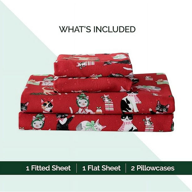 Elegant Comfort 4 Piece Flannel Sheet Set Holiday Christmas Flannel Sheets Warm and Cozy Anti Pill Quality Deep Pocket Fitted Sheet King Cats In Holiday Walmart Business Supplies