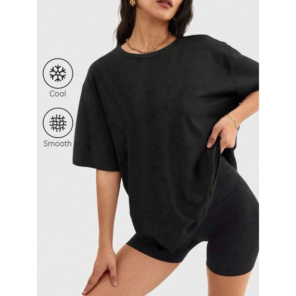 DENTOYOU Womens Oversized T Shirts Crew Neck Short Sleeve Summer Shirts Solid Loose Fit T-shirt Plain Workout Tops Casual Sports Cycling Outerwear Black M