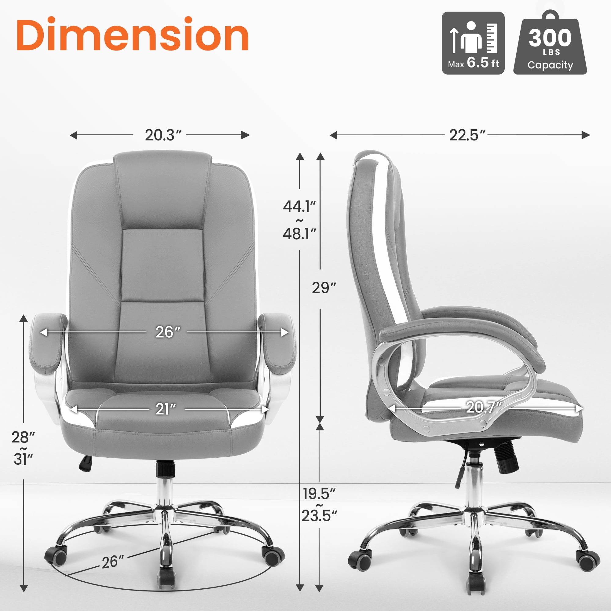 NEO CHAIR Home Office Chair, Heavy Duty Leather Office Chair, Ergonomic High Back Cushion Lumbar Back Support, Computer Desk Executive Chair for Work, 8 Hours Comfort, Gray