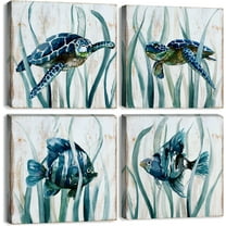 Fish Wall Art Sea Turtle Nautical Decor Beach Bathroom Wall Decor Kids Room Decor Rustic Teal Coastal Ocean Animals Canvas Pictures for Bedroom Living Room Kitchen Home Decorations 12x12" 4 Piece