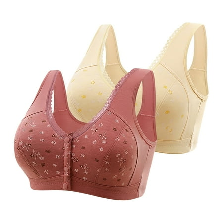 Viikei Everyday Comfort Women s Bra with Padded Straps 2PC Women Front Buckle for Middle-Aged and Elderly Underwear Soft Cotton Oversized Tank Top without Steel Ring Printed Bra Beige XXL