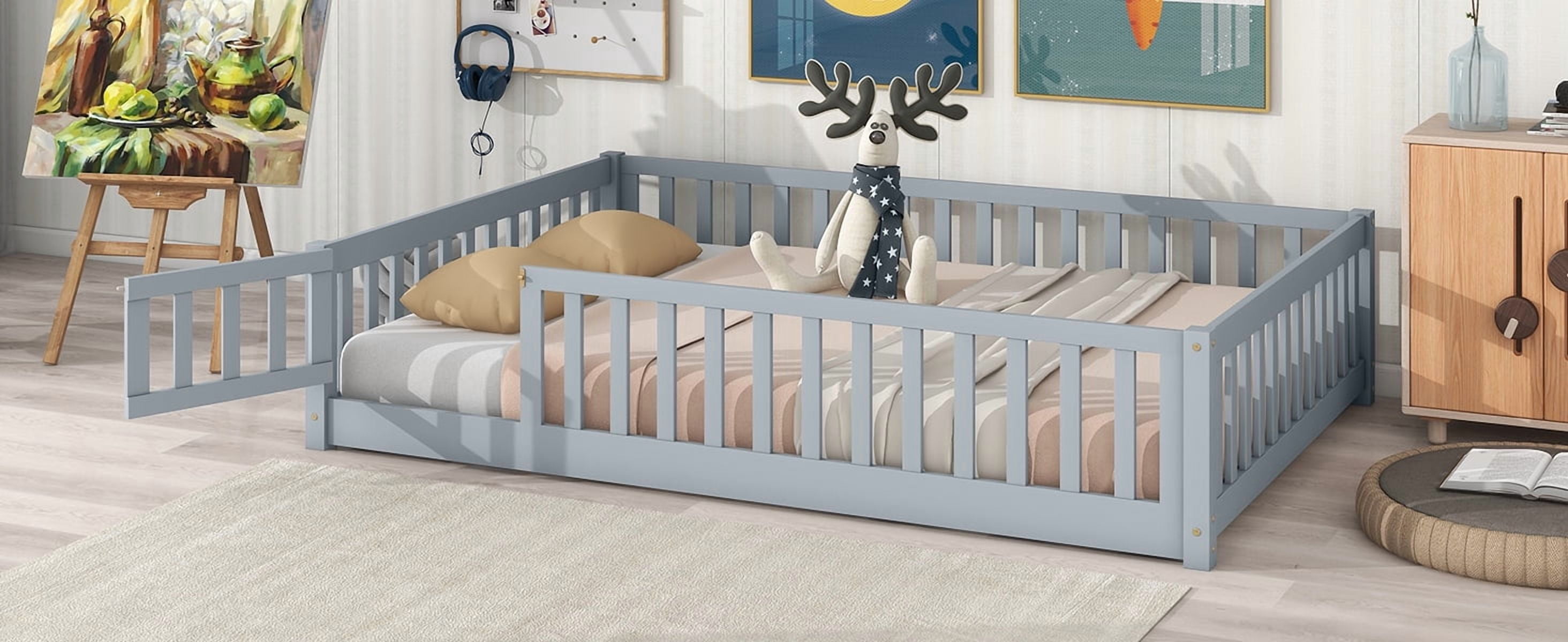 Full Size Floor Bed with Fence and Door,Rubber Wood Floor Bed with Safety Guardrails,Grey