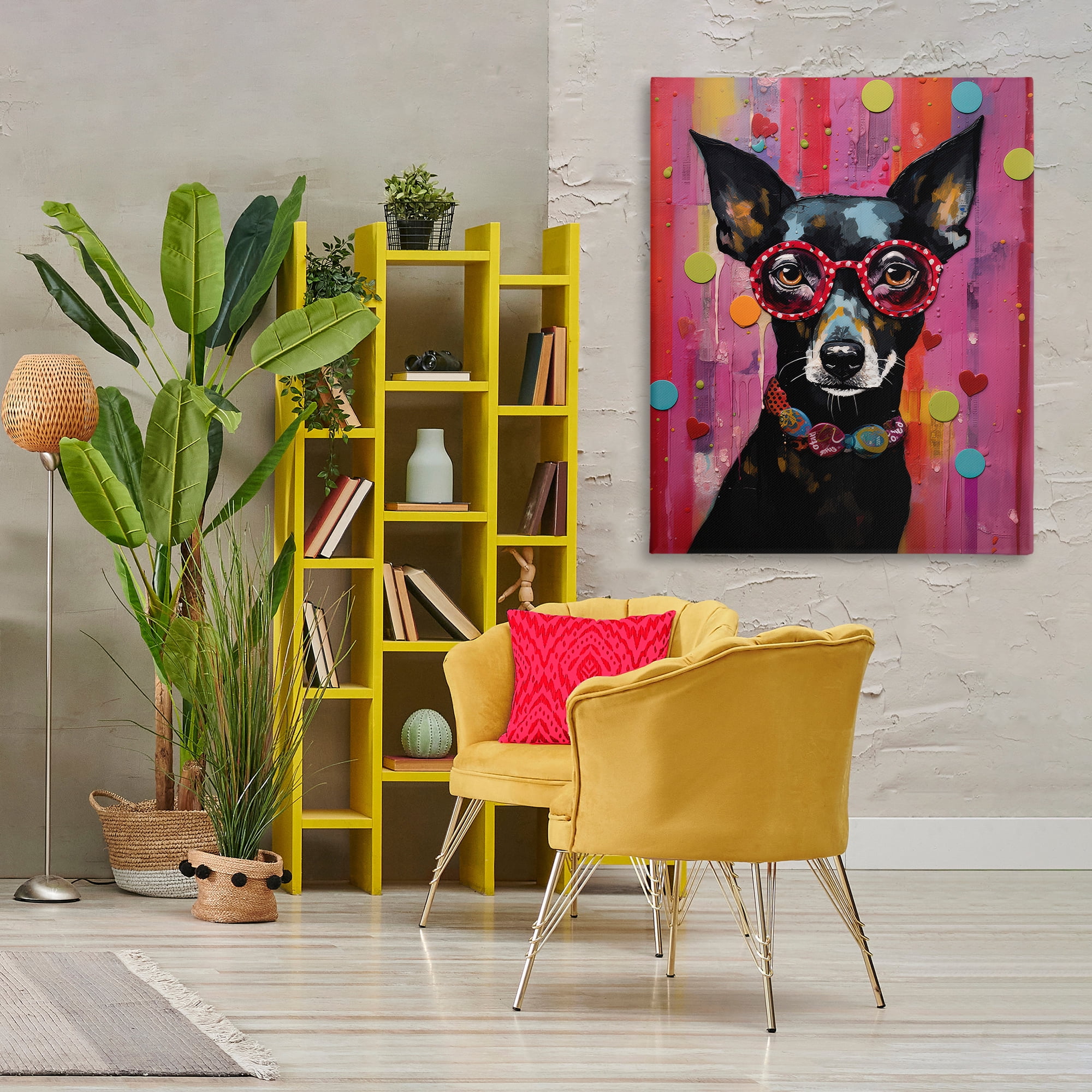 Stupell Industries Dobermann Dog with Glasses Animals Painting Wrapped Canvas Art Print Wall Art, 36 x 48