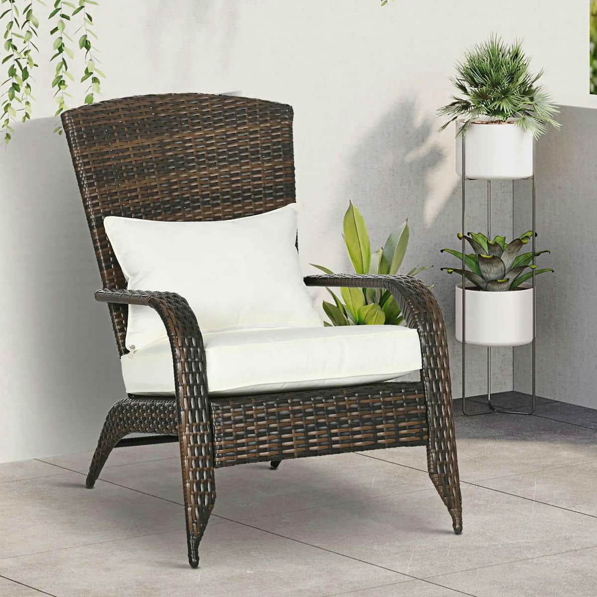 Spaco Patio Wicker Adirondack Chair with Soft Cushions, Outdoor All-Weather Rattan Fire Pit Chair with Tall Curved Backrest and Comfortable Armrests for Outdoor as Backyard, Garden, Cream White