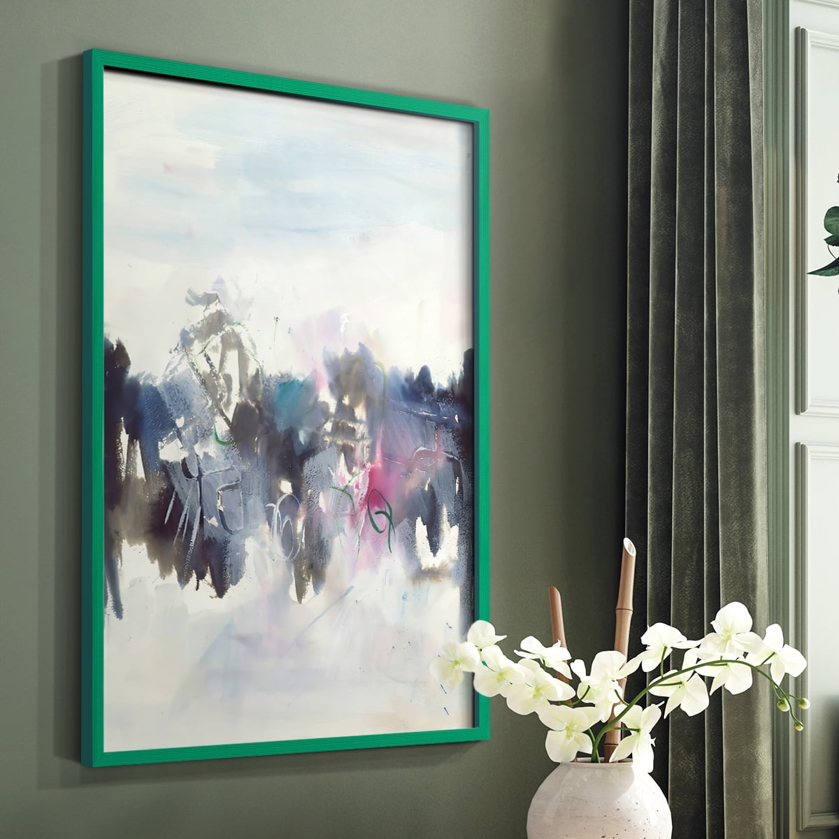 Birds II Framed Print in Green Solid Wood Framed Print No Nail Hanging