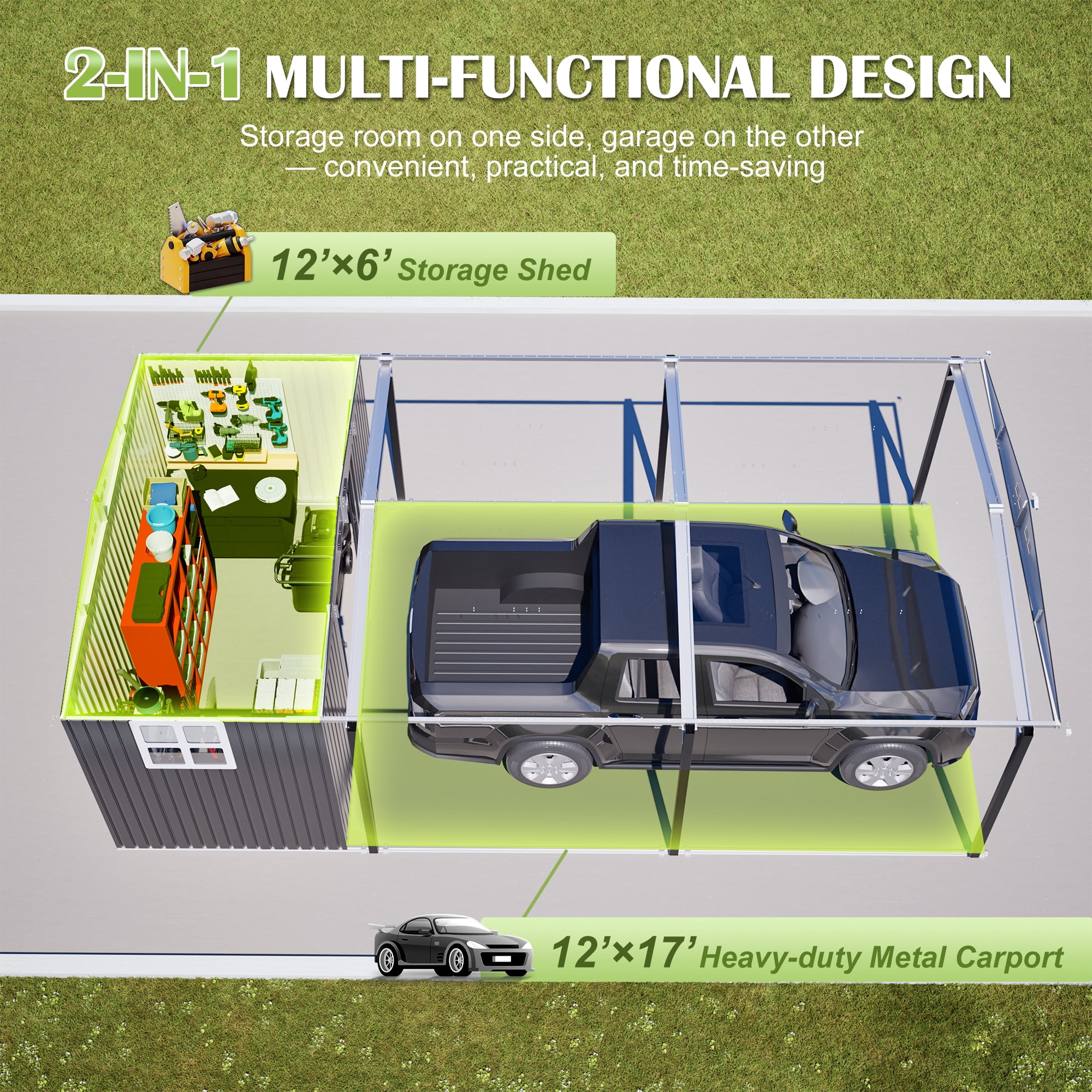 RocVanc 12' x 23' Heavy Duty Metal Carport & Outdoor Storage Shed, 2-in-1 Combo Garage with Sliding Door, Window and Air Vents, Gray