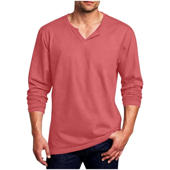 biudgviw Big and Tall Shirts for Men Rolled Up Long Sleeve Tops Casual Soft V Neck T-Shirt Fall Plain Base Layer Top(Watermelon Red aa1,X-Large)