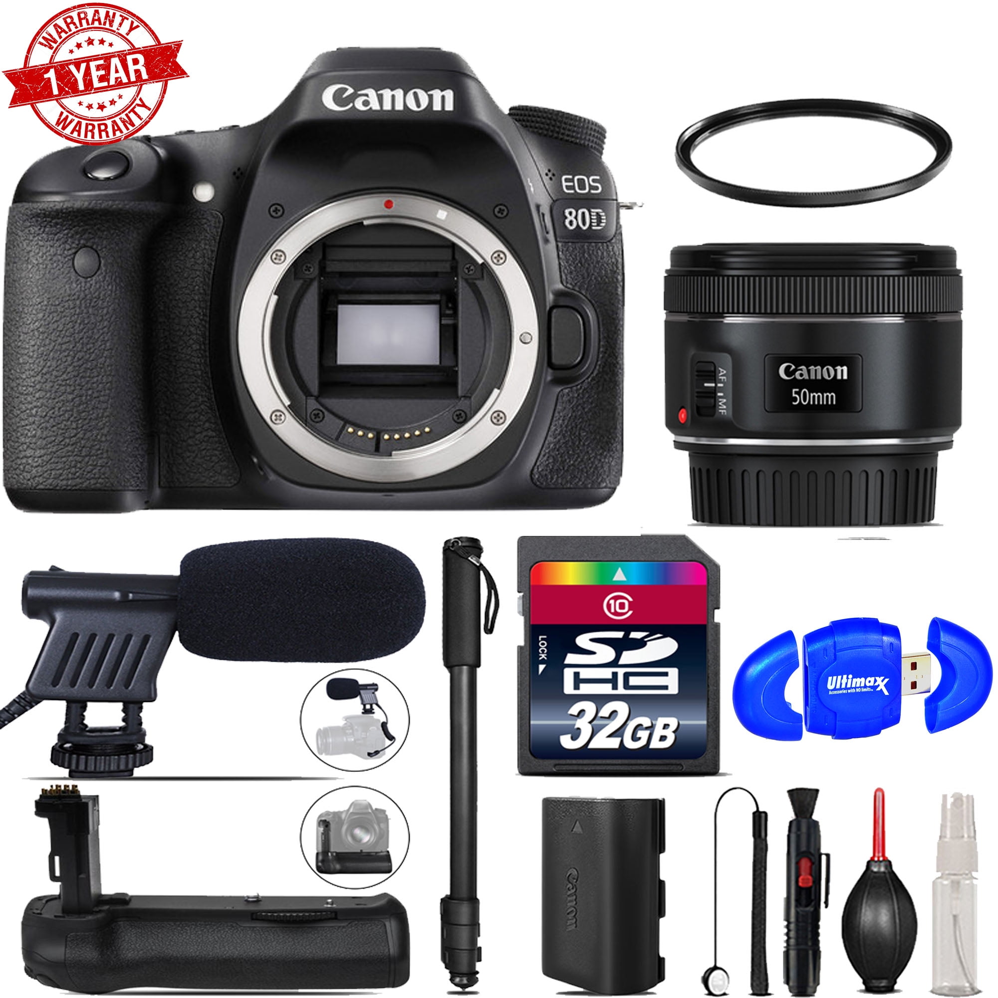 Canon EOS 80D DSLR + 50mm f/1.8 IS STM + Battery Grip + Shoutgun Mic