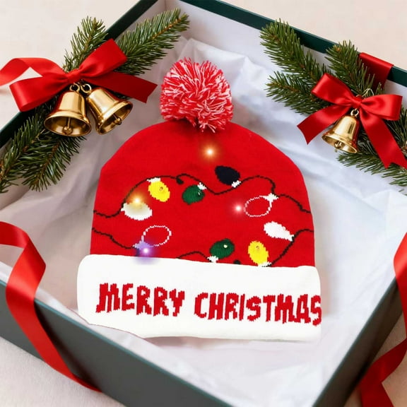 Uutvery Christmas Winter Cuffed Beanie Hat,LED Christmas Hat,Santa Claus Hairball Hat,Christmas Knitted Beanie Hat,Cute Cartoon Pattern Knit Cap,Warm Knitted Xmas Knitted Hats for Women Men