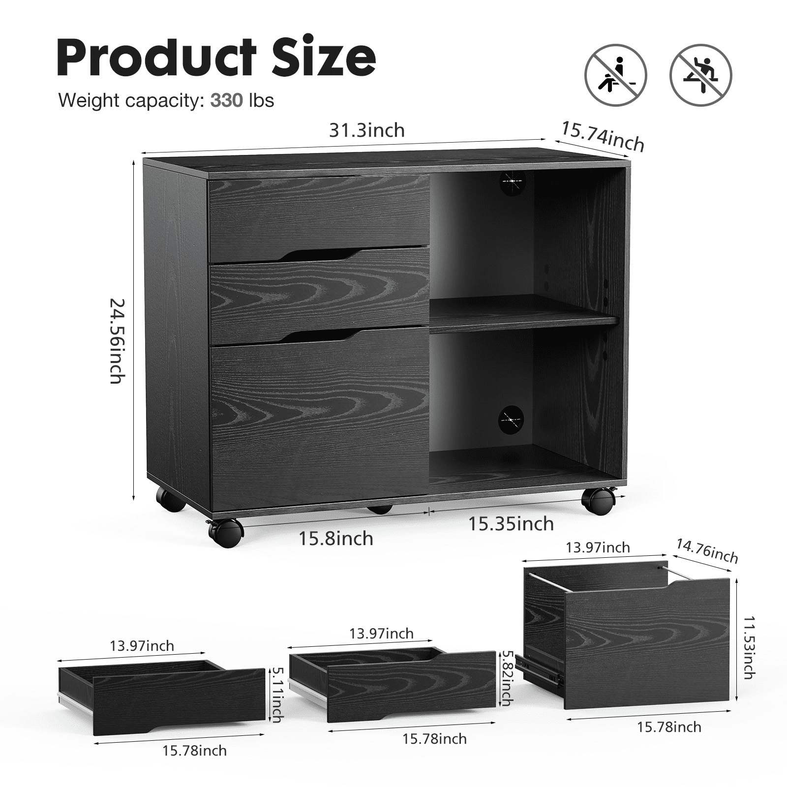 Gianna 3-Drawer File Cabinet with Wheels, Rolling Wood Printer Stand with Open Storage Shelves for Home Office, Black