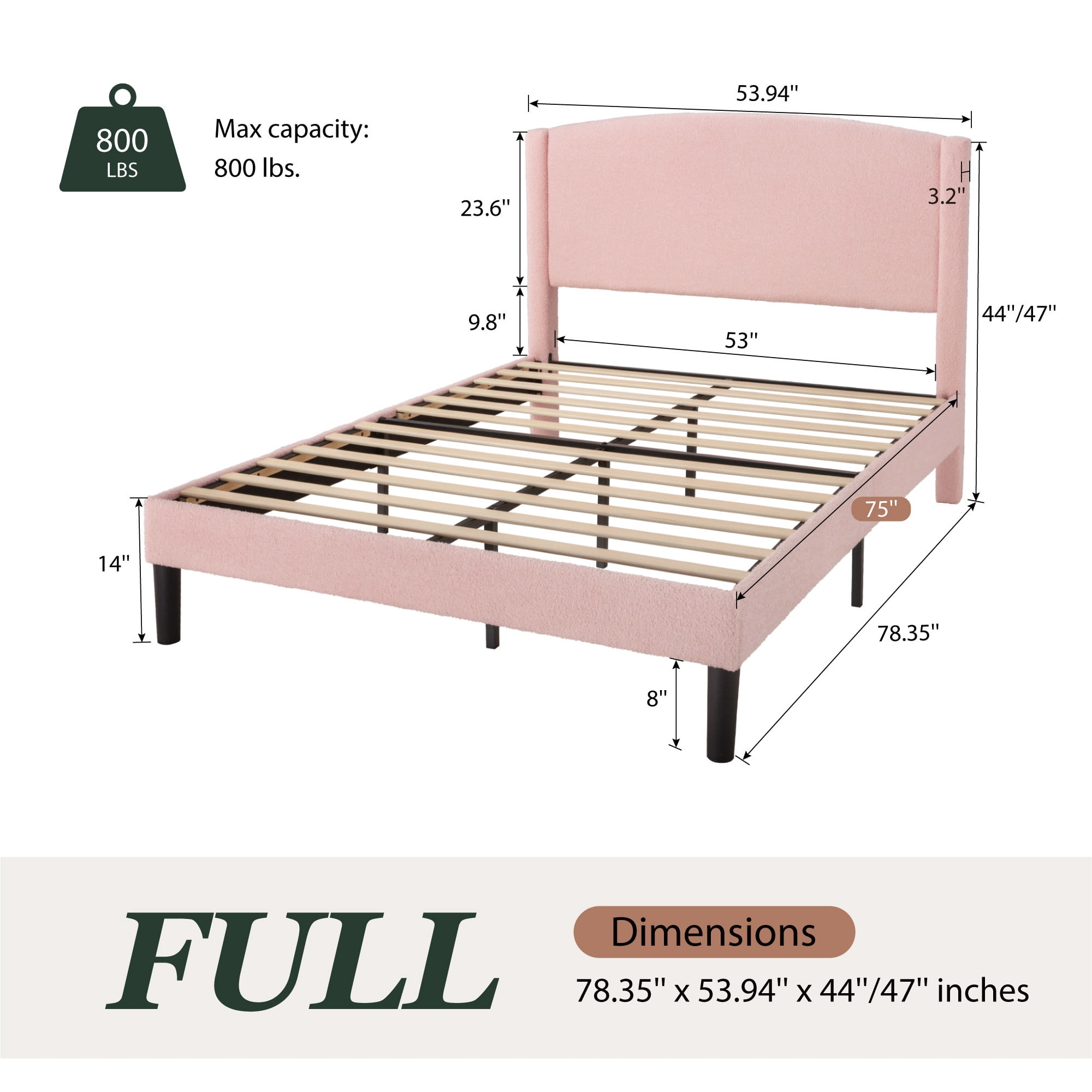 Amolife Full Bed Frame, Platform Upholstered Bed with Soft Teddy Fabric Curved Headboard, Pink