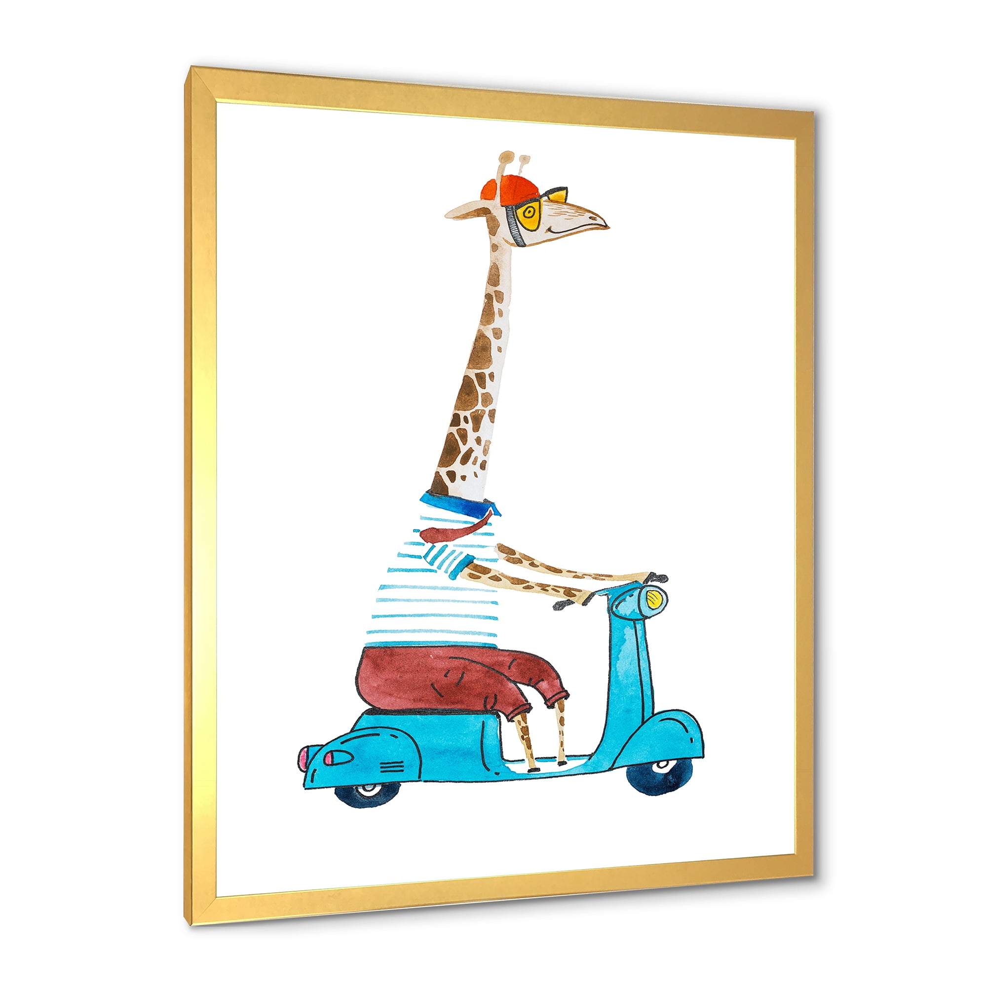Giraffe Dressed Up Wearing Helmet & Riding Blue Scooter Children 24 in x 32 in Framed Painting Canvas Art Print, by Designart