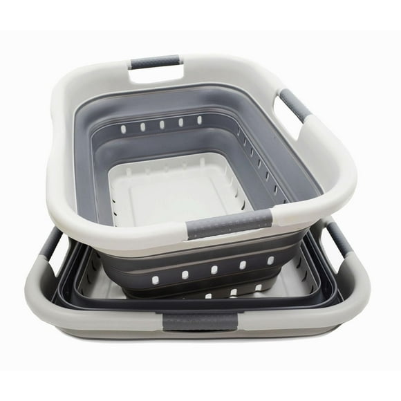 SAMMART Juego de 2 cestas plegables de plástico para la colada de 41 L (10,8 galones), con 3 asas, contenedor/organizador de almacenamiento plegable, cesta/cesta para ahorrar espacio (2, gris/gris osc