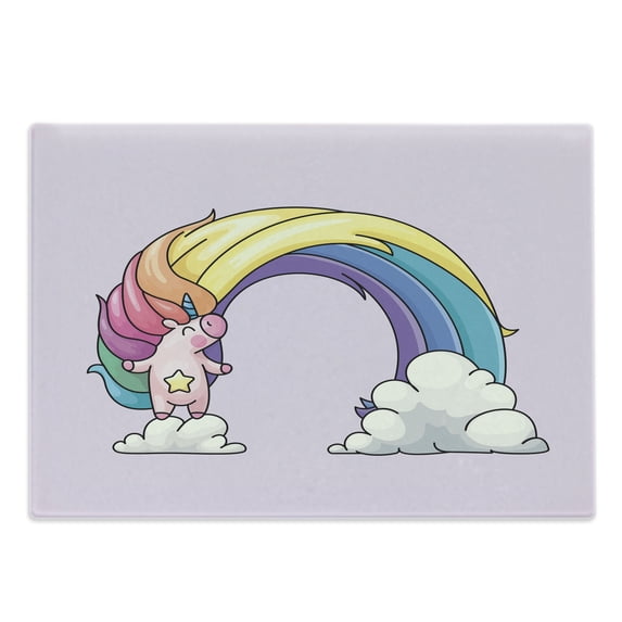 Rainbow Cutting Board, Funny Unicorn over Clouds Colorful Mane Print, Decorative Tempered Glass Cutting and Serving Board, in 3 Sizes, by Ambesonne