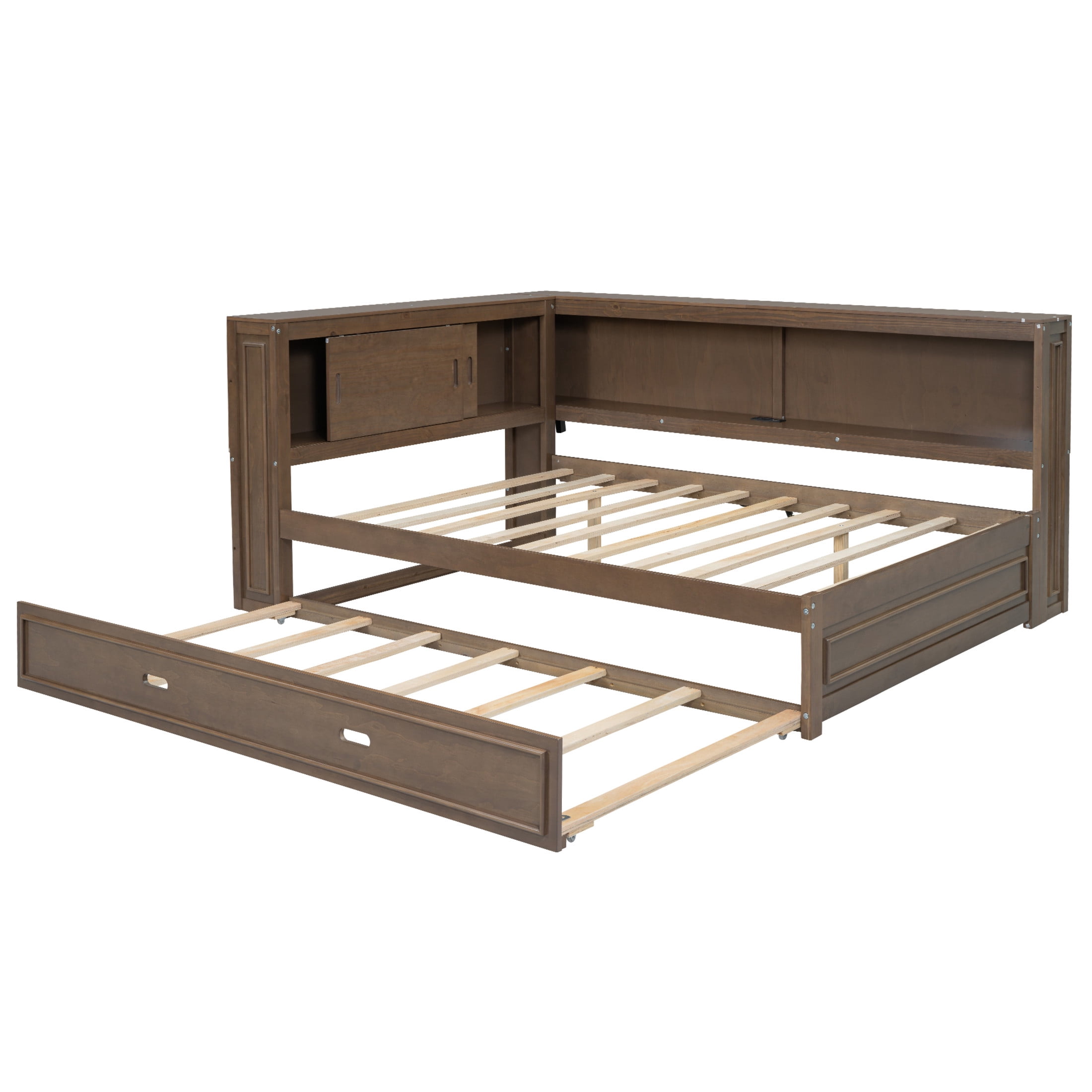 Noble House Sheila Full Wood Daybed with Trundle and LED Lighting, Storage Shelves, USB Charging Port, Antique Wood