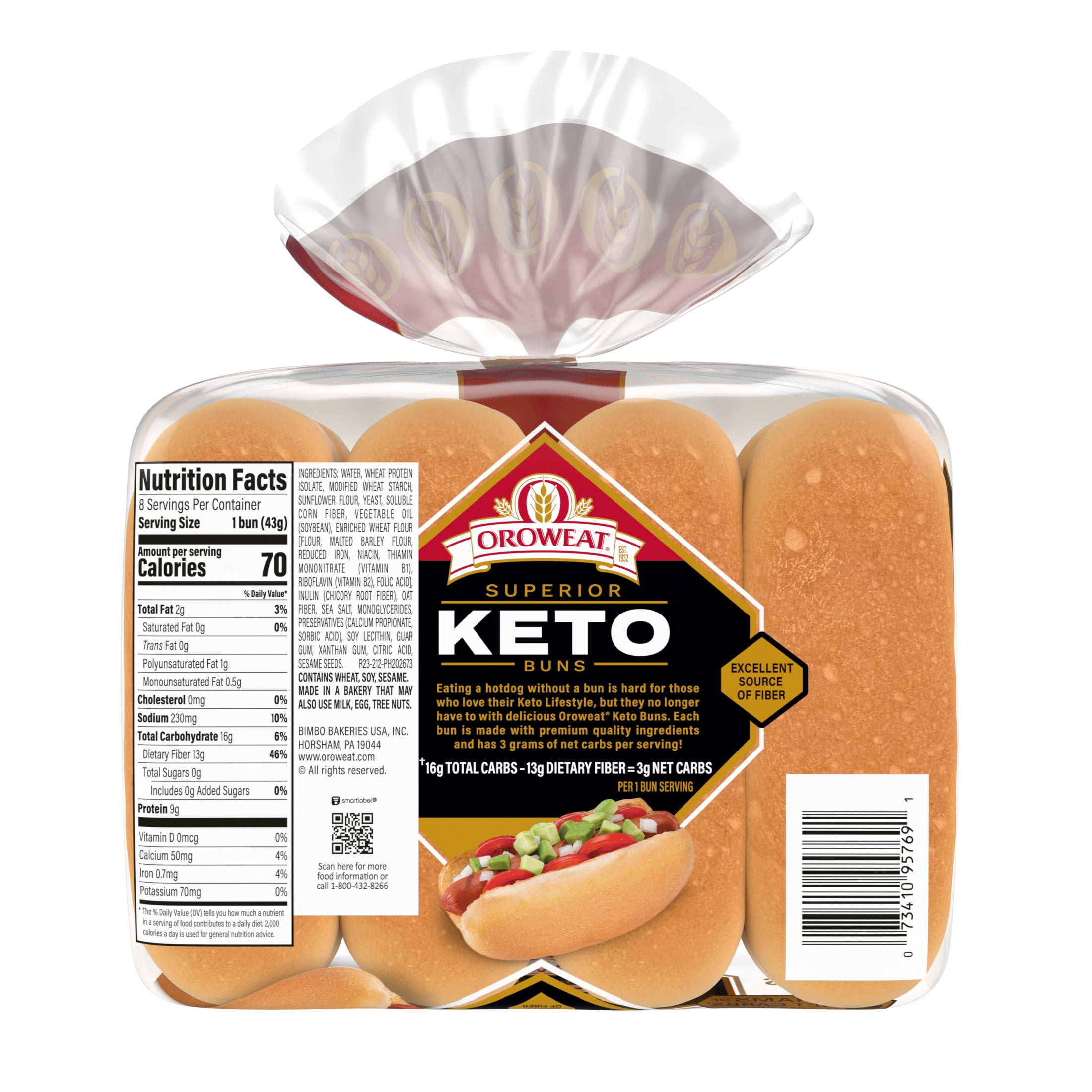 Oroweat Keto Bread, 8 count, White Hot Dog Buns, 12 oz Bag