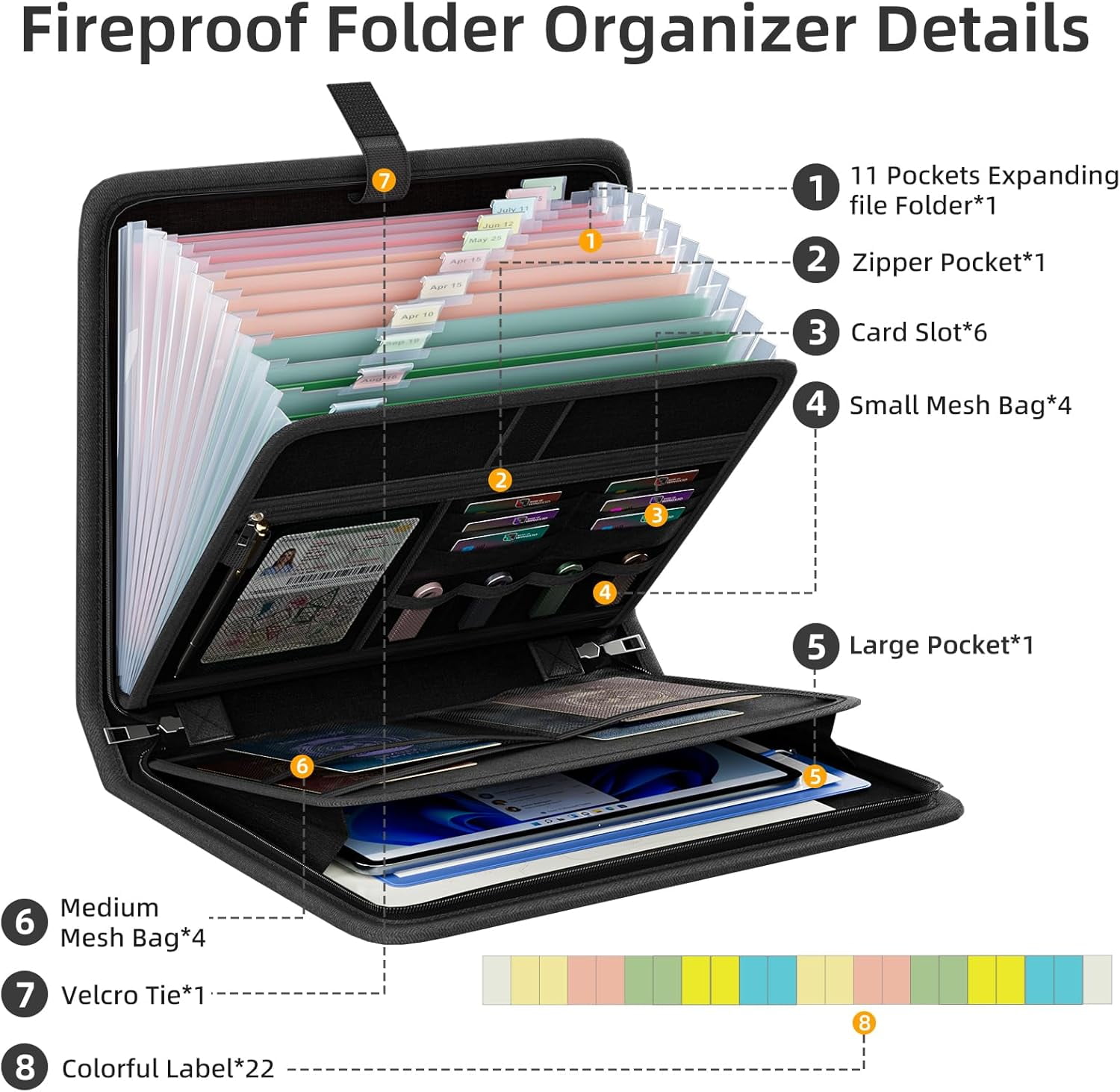 Gijjgole Fireproof Accordion File Organizer, Portable Expanding File Folder with Waterproof Zipper&Labels, Black Document Organizer with 13 Pockets, File Organizer for Important Document/Paper