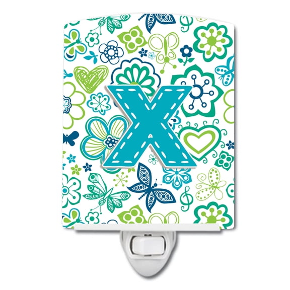 Letter X Flowers and Butterflies Teal Blue Ceramic Night Light