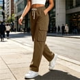 thumbnail image 6 of Women's Corduroy Cargo Straight Leg Pants, Breathable Lightweight Elastic Drawstring Waist Full Length Casual Trousers with Pockets for Office Work Home Casual | TruBelle,Khaki S, 6 of 6