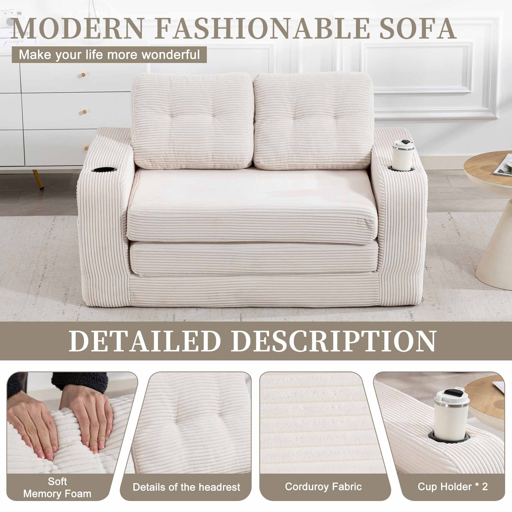 Lunale 54" Convertible Sofa Bed, Small Boneless Cloud Couch with Cup Holders, No Assembly Required, Corduroy Floor Sleeper Sofa, Beige