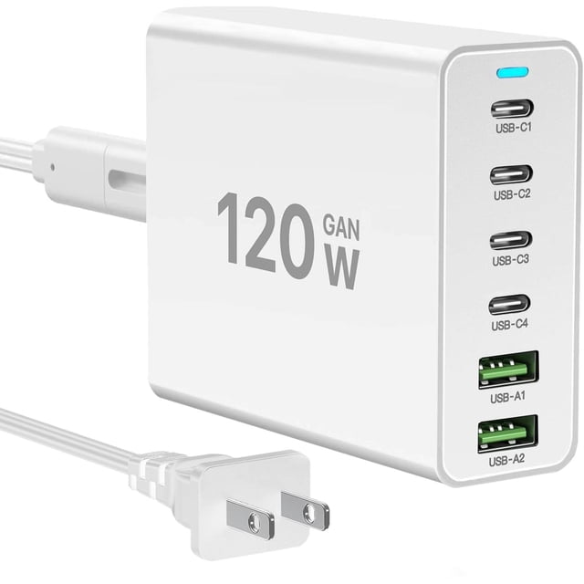 Bloque de cargador rápido USB C, 120 W GaN 6 puertos (6 x 20 W) tipo C PD cargador, enchufe adaptado