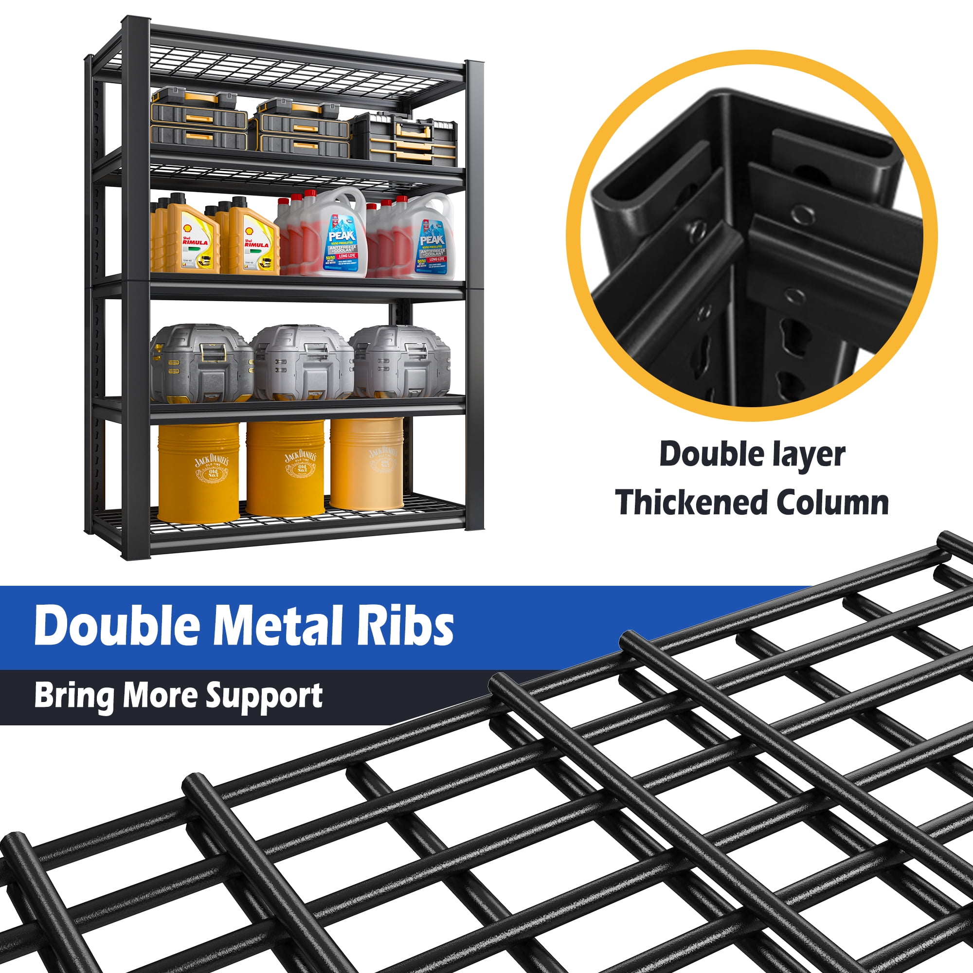 REIBII 2 Pack 5-Tier Garage Shelving Unit Heavy Duty Storage Shelves Holds 2000LBS, Adjustable Metal Shelving Garage Storage Shelves Industrial Shelving Unit for Basement,Black
