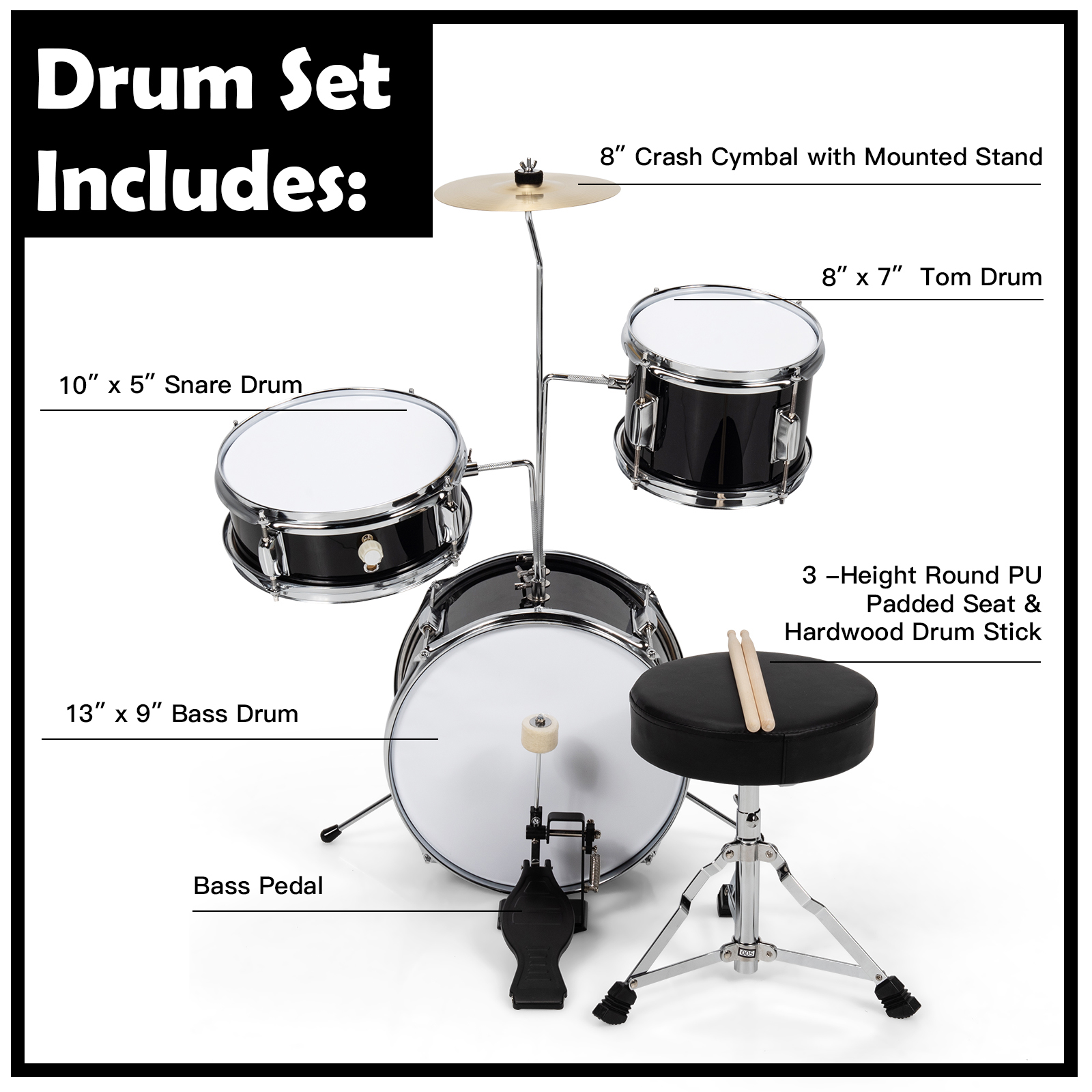 Buy Infans 13 Inch 3Piece Kids Junior Beginner Drum Set w/Tom Snare