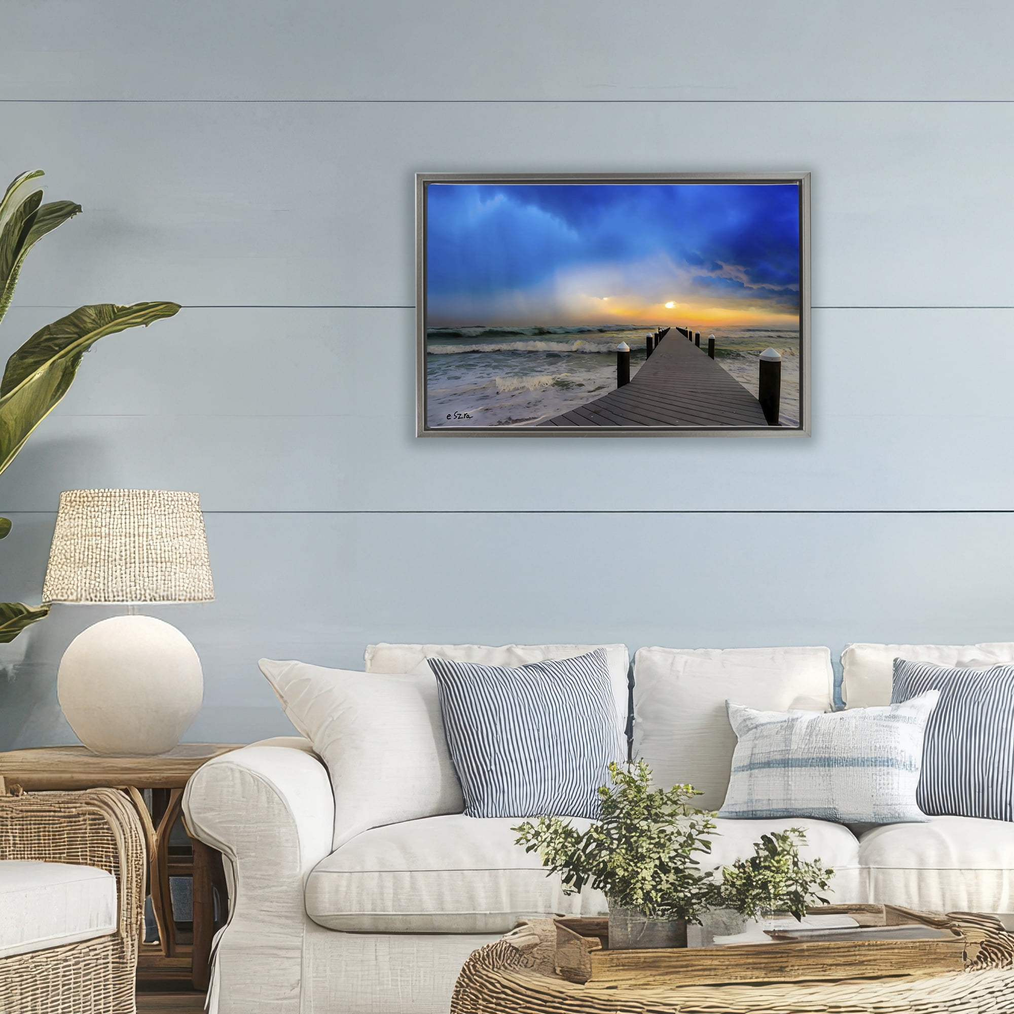 Stupell Industries Sun Breaking Over Sea Pier Gray Framed Floater Canvas Wall Art, design by Eszra Tanner