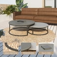 thumbnail image 3 of NessCarsti Modern Round Outdoor Coffee Table Set of 2, Nesting Wood Patio Tables with Black Metal Legs, Dark Gray, 31.5/23.7 Inches, All-Weather for Garden, Balcony, Porch, 3 of 8