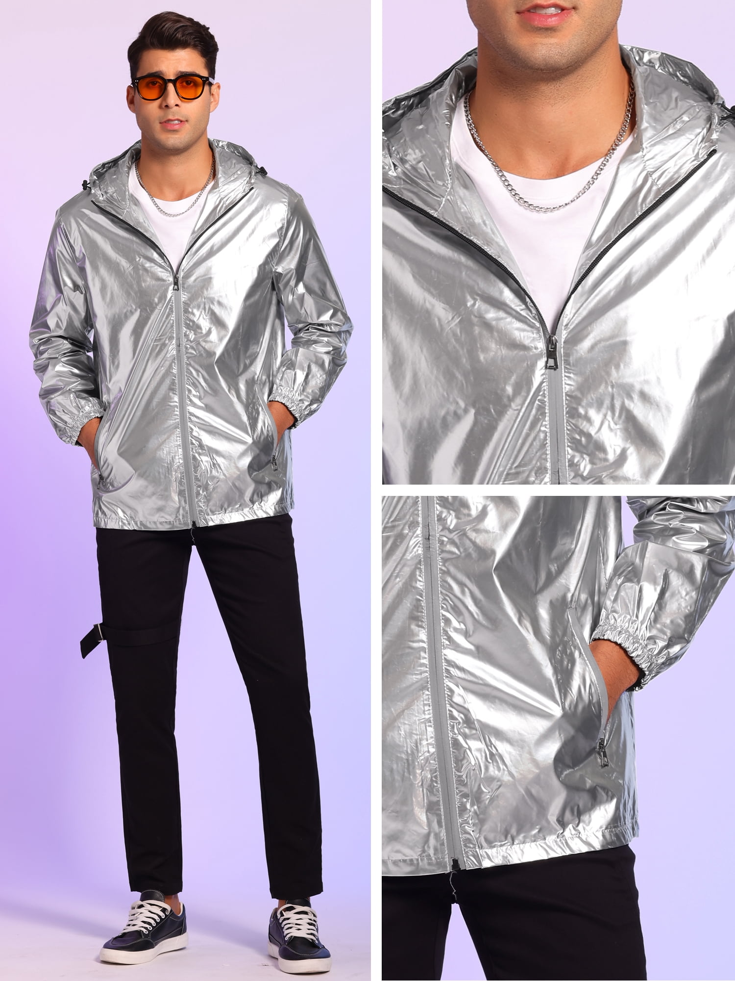 Unique Bargains Men's Metallic Solid Zipper Holographic Hooded Windbreaker Jacket XL Silver