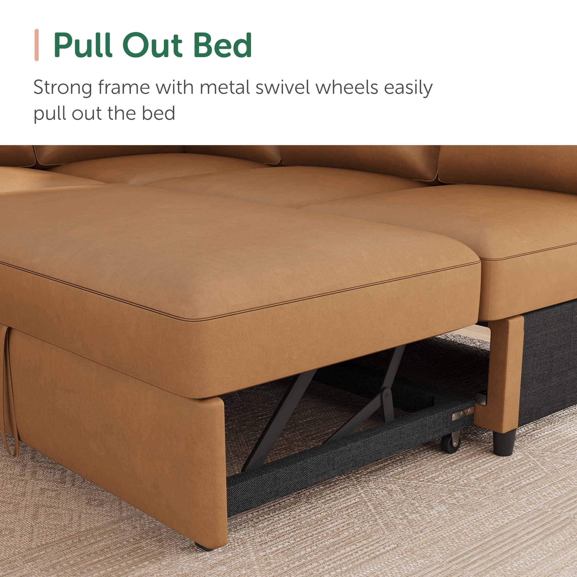 Marrber U Shaped Sectional Sleeper Sofa with Convertible Pull-Out Sofa Bed and Storage Chaise for Living Room, Faux Leather Brown