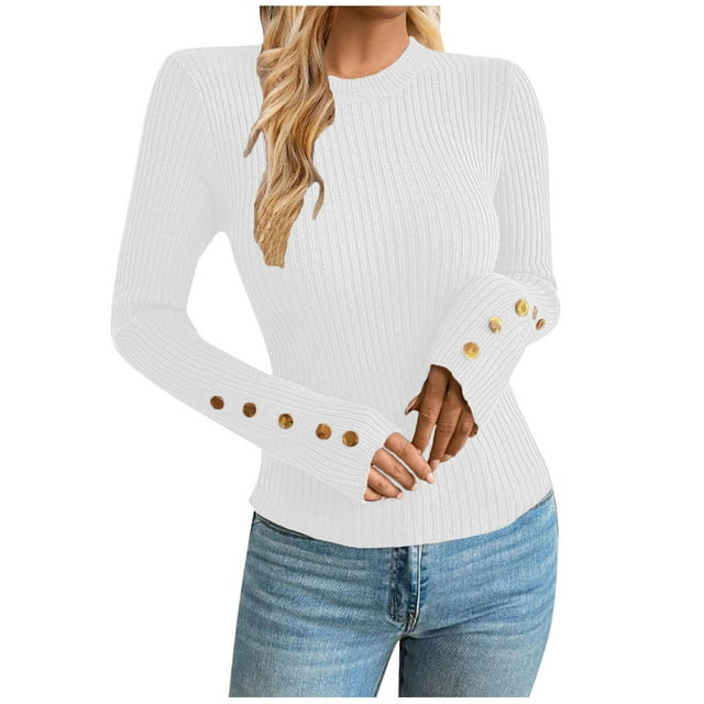 JGGSPWM Chandails Chemisiers d'Automne pour Femmes Couleur Unie Manches Longues Col Rond Bouton Extensible Tenue de Bureau Décontractée Hauts de Travail Blanc G