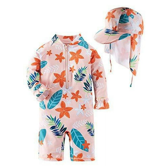 Styles I Love Little Girls Floral Print One-Piece Rash Guard Swimsuit with Sun Hat 2pcs Set Pink Bathing Suit Beach Swimwear