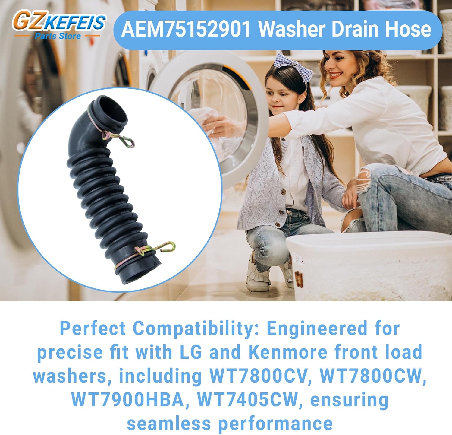 AEM75152901 Washer Drain Hose Replacement Compatible with LG, Kenmore Front Load Washers WT7800CV WT7800CW WT7900HBA WT7405CW - Durable Rubber, Easy Install, 2 Rust-Resistant Clamps