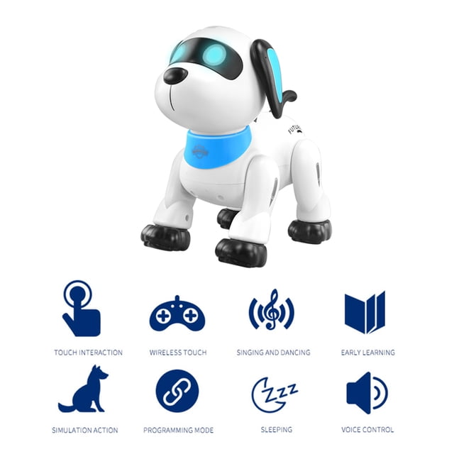 perro robot juguetes robóticos robot stunt dog control de voz caminar bailar rc cachorro robótico interactivo K21 multicolor vista 3/4 frontal, cachorro blanco con detalles azul claro y hocico negro, carcasa de plástico liso, patas articuladas con piezas negras, collar azul y ojos LED circulares encendidos; se muestran símbolos de control por voz, modo programable, canto y baile; adecuado para niños de 3 a 12 años y también usado como mascota electrónica programable para aprendizaje básico de comandos.