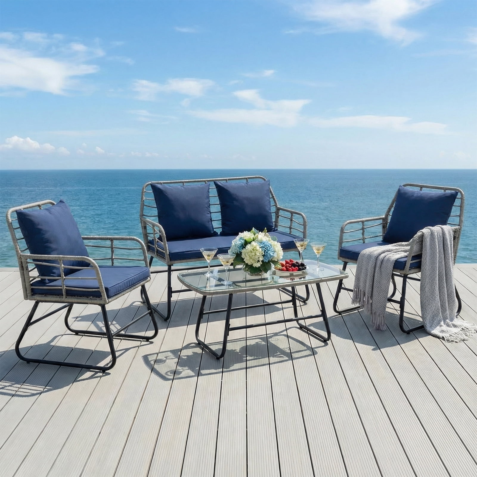 SHOUFTW 4 Piece Patio Furniture Set, Outdoor Patio Seating Set for Apartment Balcony, Space-Saving Rattan Conversation Set with Loveseat and Side Table for Patio, Front Porch & Pool, Small Spaces