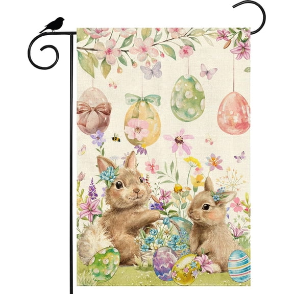 Watercolor Bunny Easter House Flag 28x40 Inch Double Sided, Eggs Wildflowers Vertical Outdoor Yard Decor