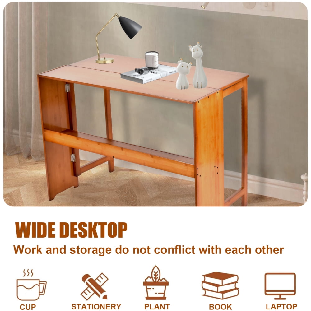 Bamboo Folding Desk, Space-Saving Workstation with Bookshelf for Home Office and Small Apartments (Brown)