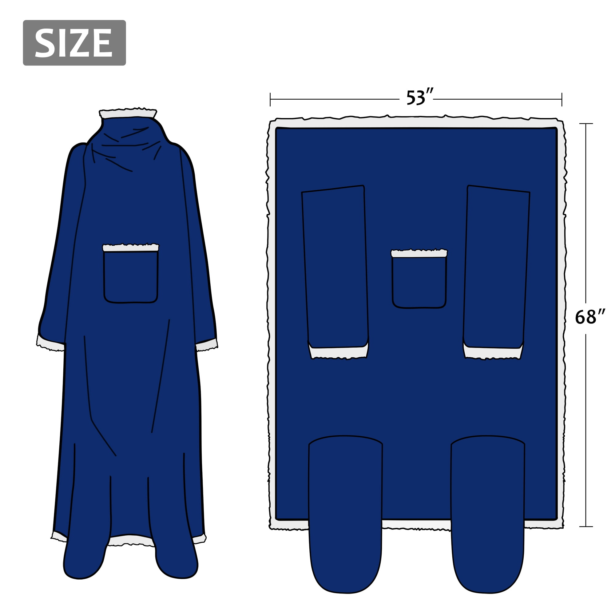 Catalonia Sherpa Wearable Blanket with Sleeves & Foot Pockets for Adult Women Men, Comfy Snuggle Wrap Sleeved Throw Blanket Robe, Gift Idea, Blue, 75" x 53"
