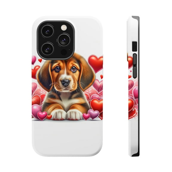 DistinctInk Tough Case for Apple iPhone 14 Pro MAX (6.7" Screen), Compatible with MagSafe Charging - Valentine's Day American English Coonhound Puppy
