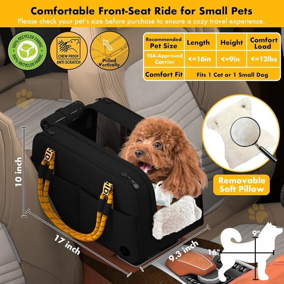 Center Console Dog Car Seat, Enclosed Small Dog Armrest Booster Carseat, Secure Straps &Anti Slip, Portable TSA Approved Puppy Pet Carrier Soft-Sided, Removable Pillow Storage Pocket, up 12lb