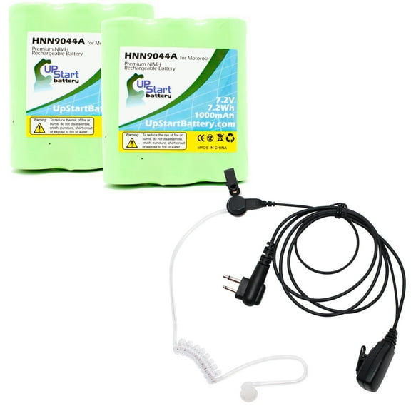 2x Pack - Motorola MV21C Battery & FBI Earpiece with Push to Talk (PTT) Microphone Replacement - For Motorola HNN9044A Two-Way Radio Battery (1000mAh, 7.2V, NIMH)