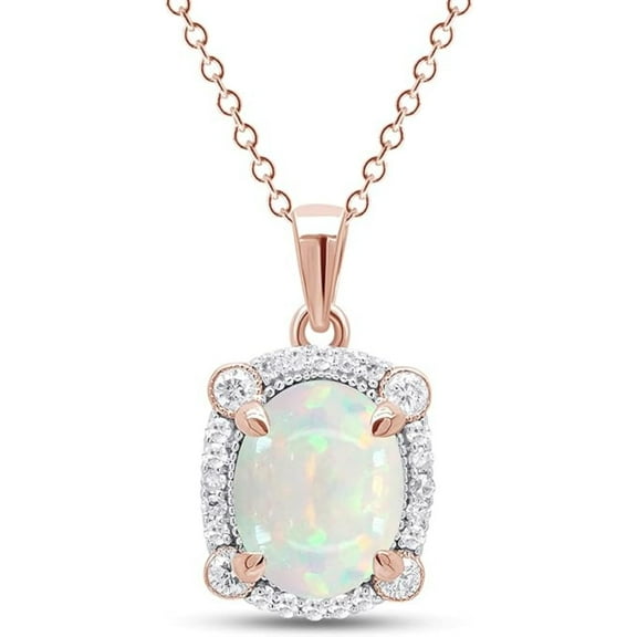 925 Sterling Silver 14K Rose Gold Finish Oval Shape White Fire Opal Halo Pendant Necklace for Women