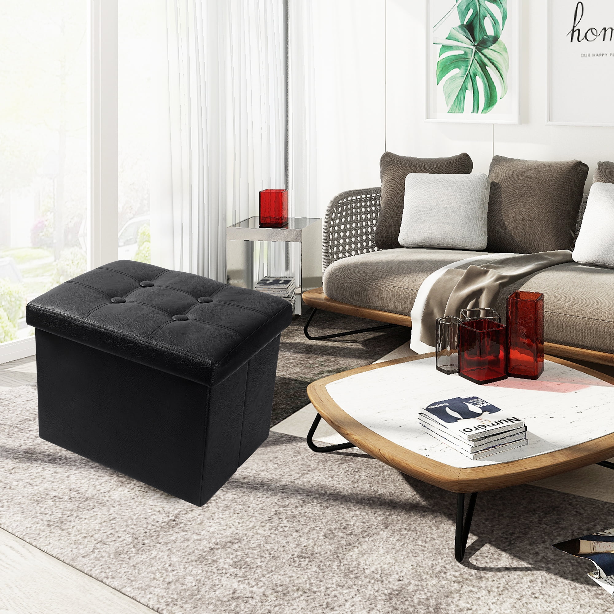 Soyota Folding Leather Padded Storage Ottoman, Black