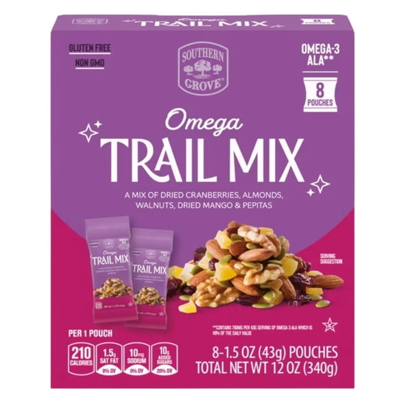 Southern Grove Omega Trail Mix, Gluten Free, Non GMO, 8 Pouches, 12 Oz
