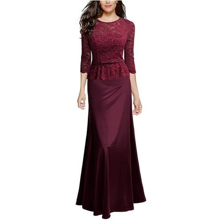 Three Quarter Sleeve Mini Dress Sexy Dance Formal Women Three Quarters Sleeve Long Dress Maxi Lace Ball Prom Bridesmaid Fishtail Satin Patchwork Dresses with Peplum for Evening Party Size 2-4-6-8-10 ()